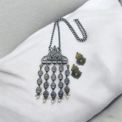 Oxidized Elephant Design Necklace Set | Unique Long Dangler Silver Touch Jewelry