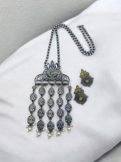 Oxidized Elephant Design Necklace Set | Unique Long Dangler Silver Touch Jewelry