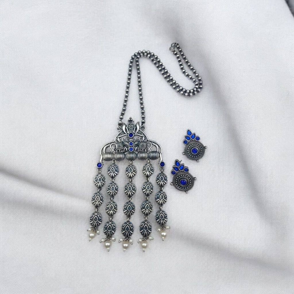 Bulk 464 Oxidized Elephant Necklace Set | Unique Long Dangler Silver Touch Jewelry - "Blue"
