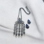 Oxidized Elephant Necklace Set | Unique Long Dangler Silver Touch Jewelry - "Blue"