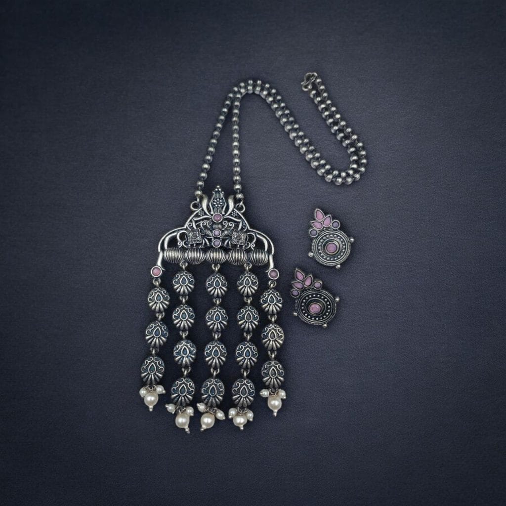 Bulk 462 Oxidized Elephant Necklace Set | Unique Long Dangler Silver Touch Jewelry - "Babypink"