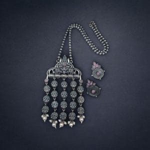 Oxidized Elephant Necklace Set | Unique Long Dangler Silver Touch Jewelry - Color: "Babypink"