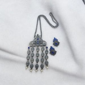 Oxidized Elephant Necklace Set | Unique Long Dangler Silver Touch Jewelry - Color: "Blue"