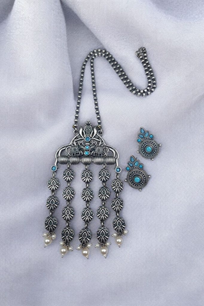 Bulk 458 Oxidized Elephant Necklace Set | Unique Long Dangler Silver Touch Jewelry - "Aqua"