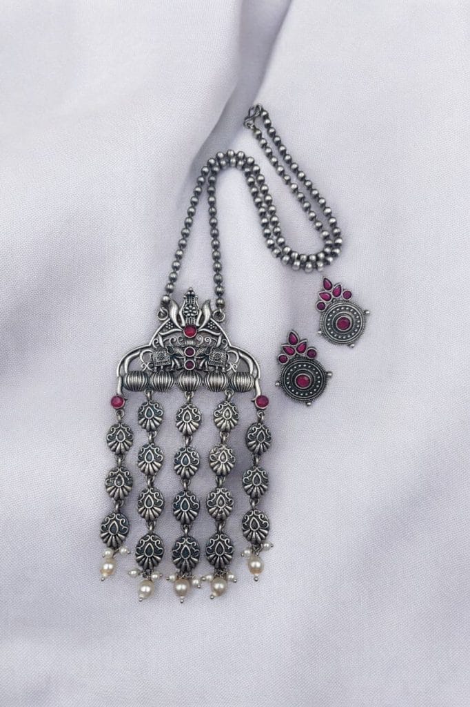 Bulk 456 Oxidized Elephant Necklace Set | Unique Long Dangler Silver Touch Jewelry - "Red"