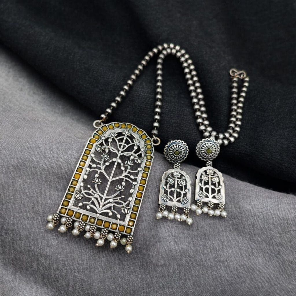 Bulk 400 Antique Floral Art Pendant Set | Silver Replica Necklace With Matching Earrings - "Yellow"