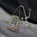 Antique Floral Art Pendant Set | Silver Replica Necklace With Matching Earrings - "Yellow"