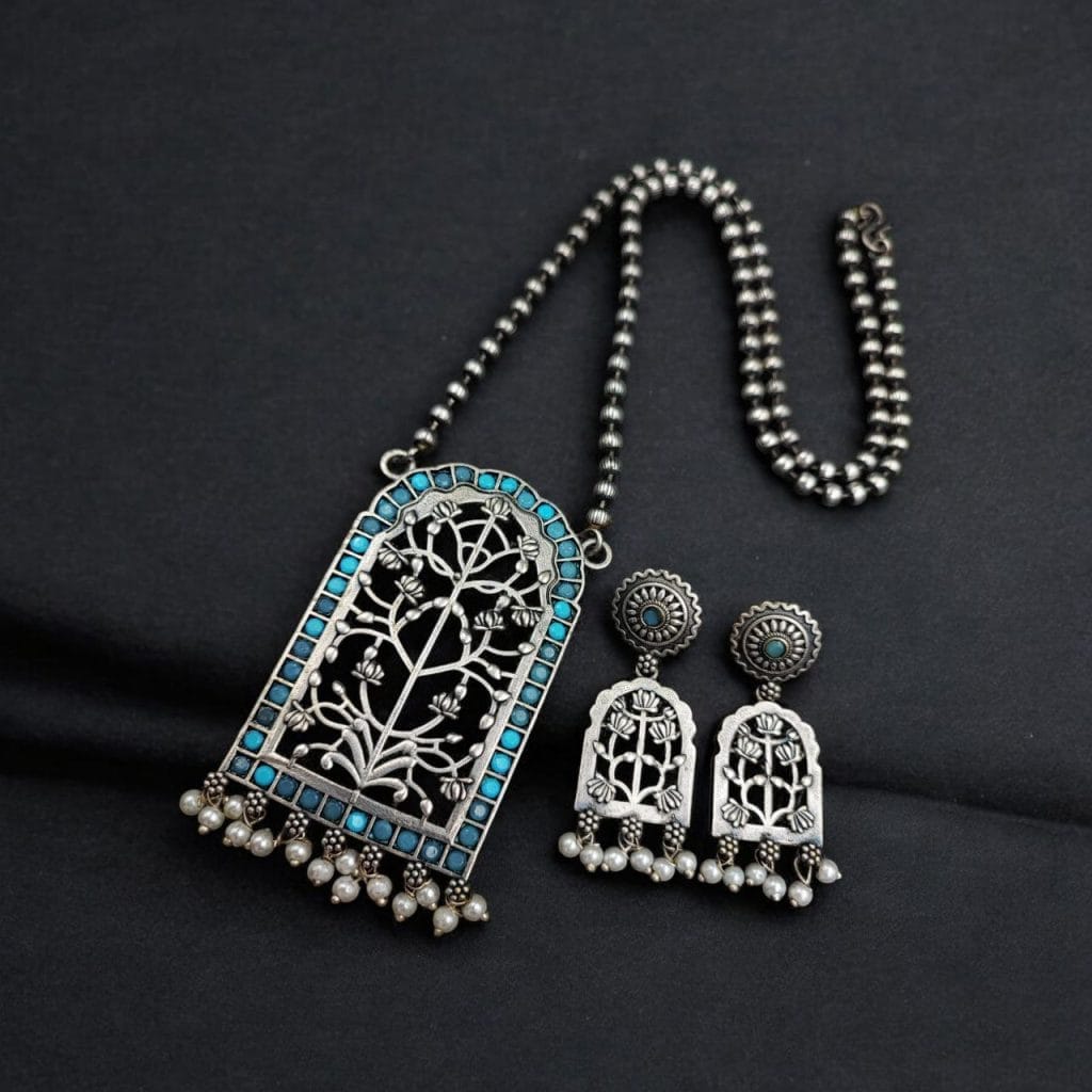 Bulk 402 Antique Floral Art Pendant Set | Silver Replica Necklace With Matching Earrings - "Turquoise"