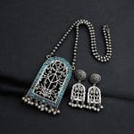 Antique Floral Art Pendant Set | Silver Replica Necklace With Matching Earrings - "Turquoise"