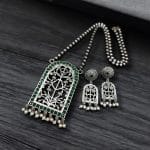 Antique Floral Art Pendant Set | Silver Replica Necklace With Matching Earrings
