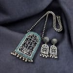 Antique Floral Art Pendant Set | Silver Replica Necklace With Matching Earrings - "Mint"