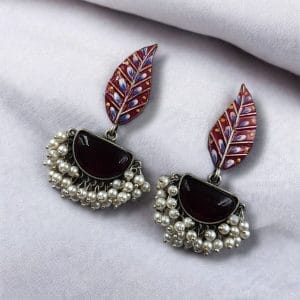 Handmade Painting Earrings | Adorable Silver Replica Oxidised Stone Jewelry - Color: "Red"