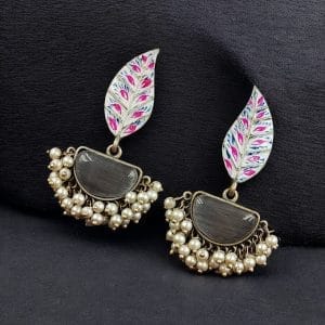 Handmade Painting Earrings | Adorable Silver Replica Oxidised Stone Jewelry - Color: "Grey"