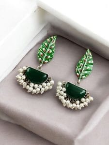 Handmade Painting Earrings | Adorable Silver Replica Oxidised Stone Jewelry - Color: "Green"