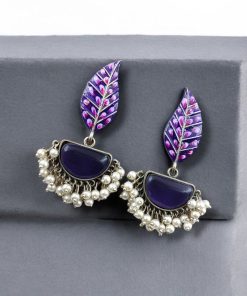 Handmade Painting Earrings with intricate hand-painted designs and silver replica oxidized finish featuring stone embellishments.