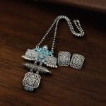 Silver Look Necklace Set | Premium Unique Oxidized Pendant With Earrings - "Turquoise"