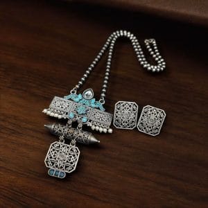 Silver Look Necklace Set | Premium Unique Oxidized Pendant With Earrings - Color: "Turquoise"