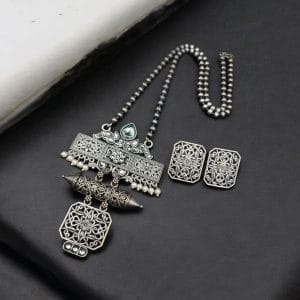 Silver Look Necklace Set | Premium Unique Oxidized Pendant With Earrings - Color: "White"