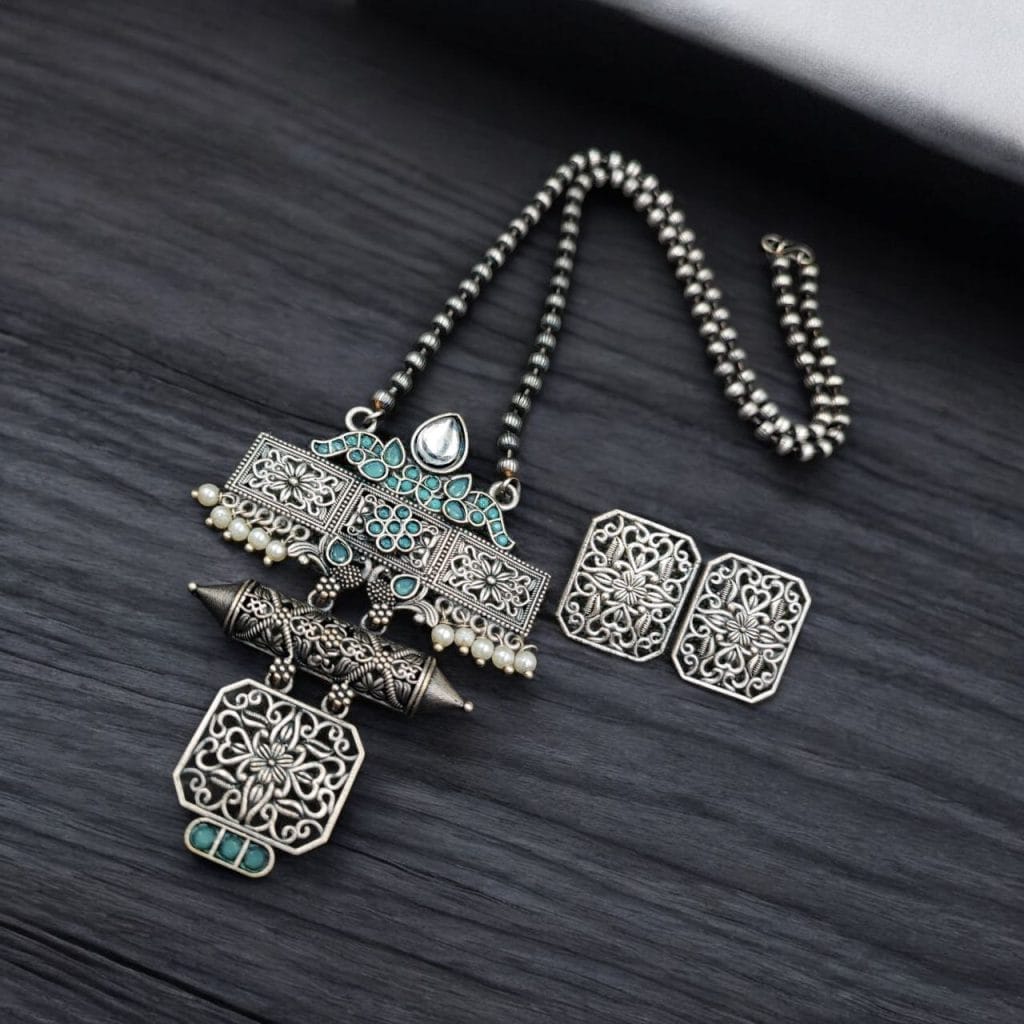 Bulk 384 Silver Look Necklace Set | Premium Unique Oxidized Pendant With Earrings - "Mint"