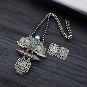 Silver Look Necklace Set | Premium Unique Oxidized Pendant With Earrings - Color: "Mint"