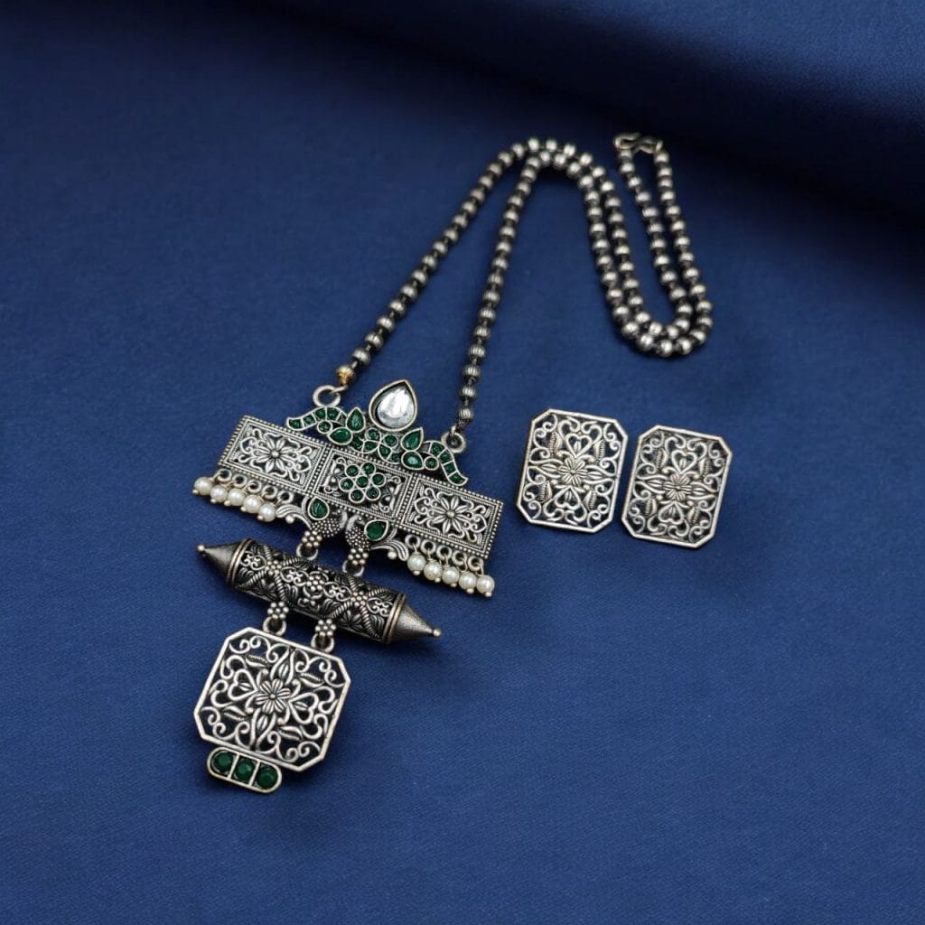 Bulk 382 Silver Look Necklace Set | Premium Unique Oxidized Pendant With Earrings - "Green"