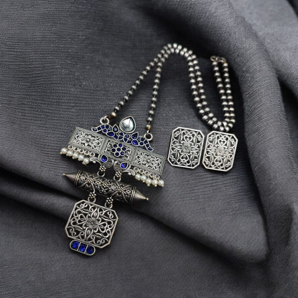 Bulk 380 Silver Look Necklace Set | Premium Unique Oxidized Pendant With Earrings - "Blue"