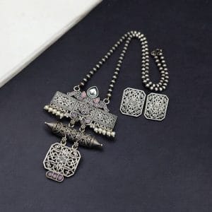 Silver Look Necklace Set | Premium Unique Oxidized Pendant With Earrings - Color: "Babypink"