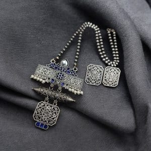 Silver Look Necklace Set | Premium Unique Oxidized Pendant With Earrings - Color: "Blue"