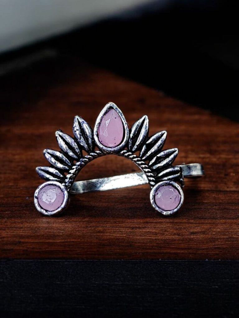 Bulk 340 Marathi Nath | Unique Oxidised Silver Plated Press Nosepin For Girls - "Babypink"