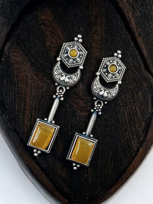 Traditional Silver Replica Earrings Oxidized Dangler Stone Earring