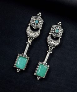 Traditional Silver Replica Earrings Oxidized Dangler Stone Earring