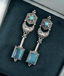 Traditional Silver Replica Earrings Oxidized Dangler Stone Earring