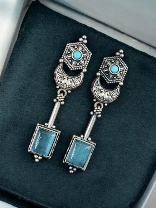 Traditional Silver Replica Earrings Oxidized Dangler Stone Earring