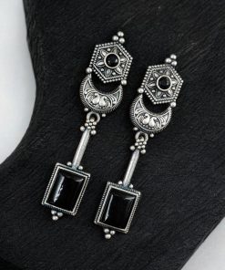 Traditional Silver Replica Earrings Oxidized Dangler Stone Earring