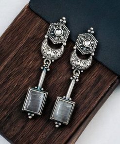 Traditional Silver Replica Earrings Oxidized Dangler Stone Earring