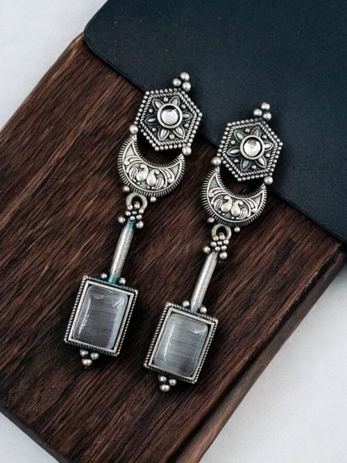 Traditional Silver Replica Earrings Oxidized Dangler Stone Earring