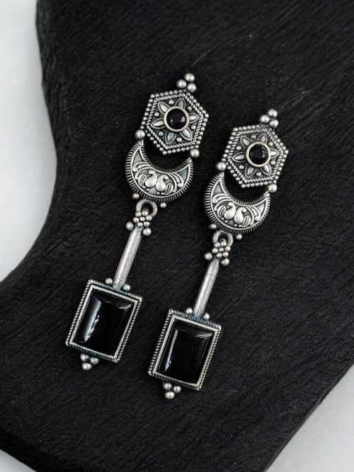 Traditional Silver Replica Earrings Oxidized Dangler Stone Earring