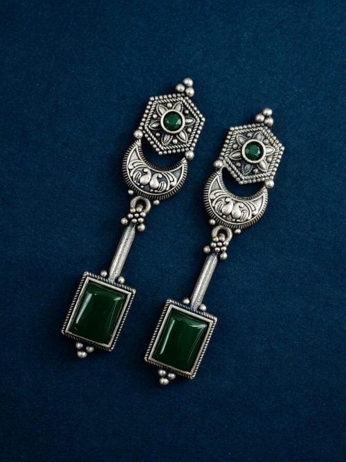 Traditional Silver Replica Earrings Oxidized Dangler Stone Earring