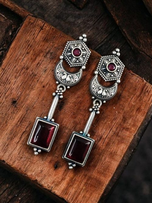 Traditional Silver Replica Earrings Oxidized Dangler Stone Earring