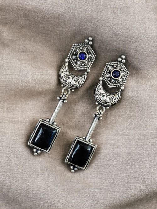 Traditional Silver Replica Earrings Oxidized Dangler Stone Earring