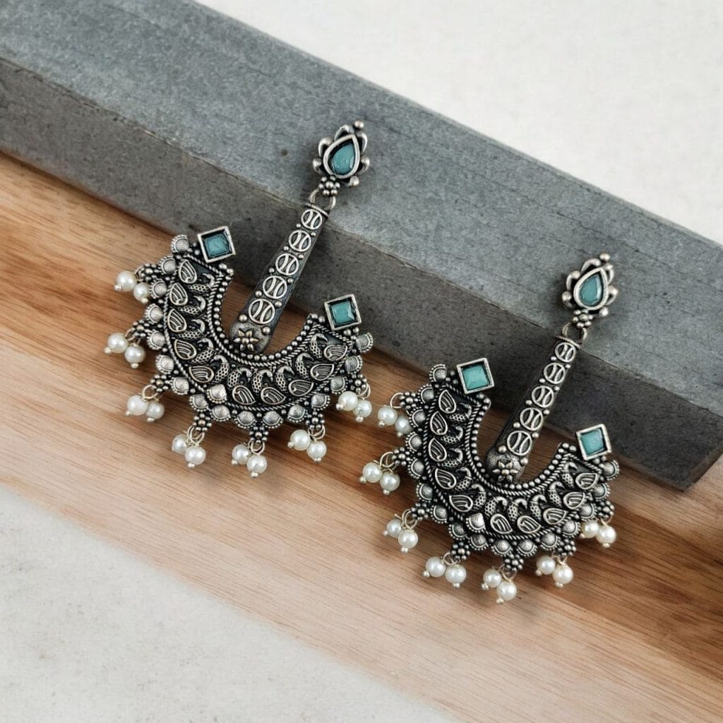 Vintage look Silver Replica Earrings | Adorable Boho Inspire Oxidized Dangler Studs