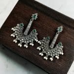 Vintage look Silver Replica Earrings | Adorable Boho Inspire Oxidized Dangler Studs - "Green"