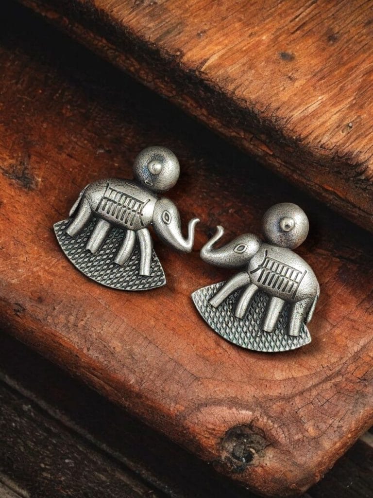 Bulk 796 Silver Replica Elephant Stud | Adorable Light Weight Oxidized Earrings