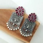 Silver Replica Peacock Stud Earrings | Unique Antique Stone Studs