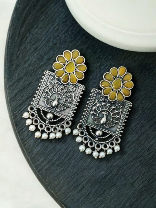Silver Replica Peacock Stud Earrings | Unique Antique Stone Studs