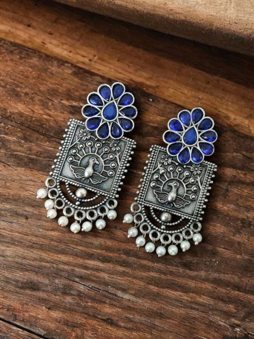 Silver Replica Peacock Stud Earrings | Unique Antique Stone Studs