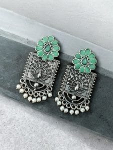Silver Replica Peacock Stud Earrings | Unique Antique Stone Studs - Color: "Mint"