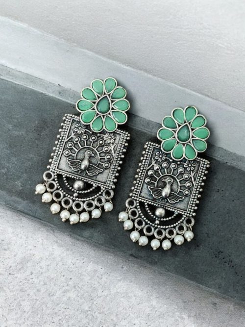 Silver Replica Peacock Stud Earrings | Unique Antique Stone Studs