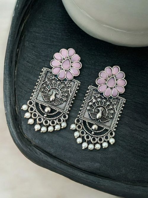 Silver Replica Peacock Stud Earrings | Unique Antique Stone Studs
