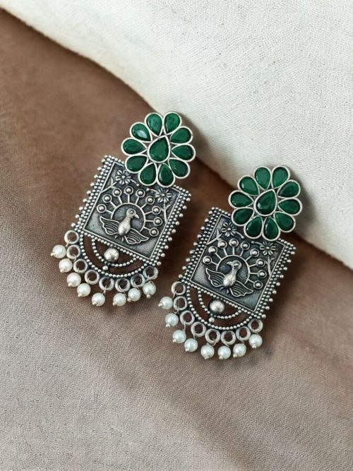 Silver Replica Peacock Stud Earrings | Unique Antique Stone Studs